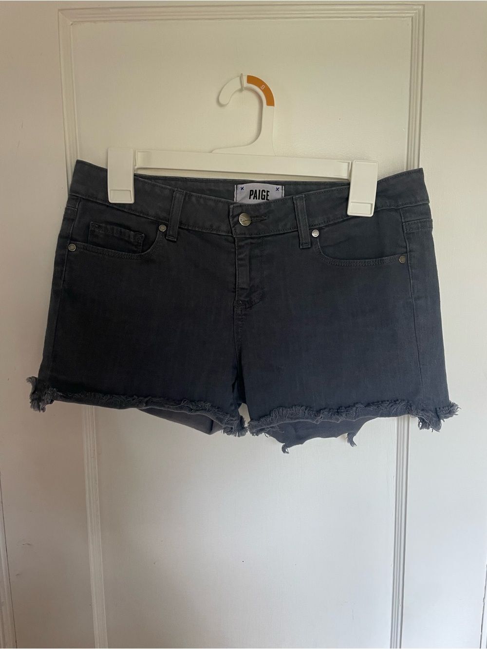 PAIGE Charcoal Black Frayed Hem Denim Shorts Size 29 / US size 8